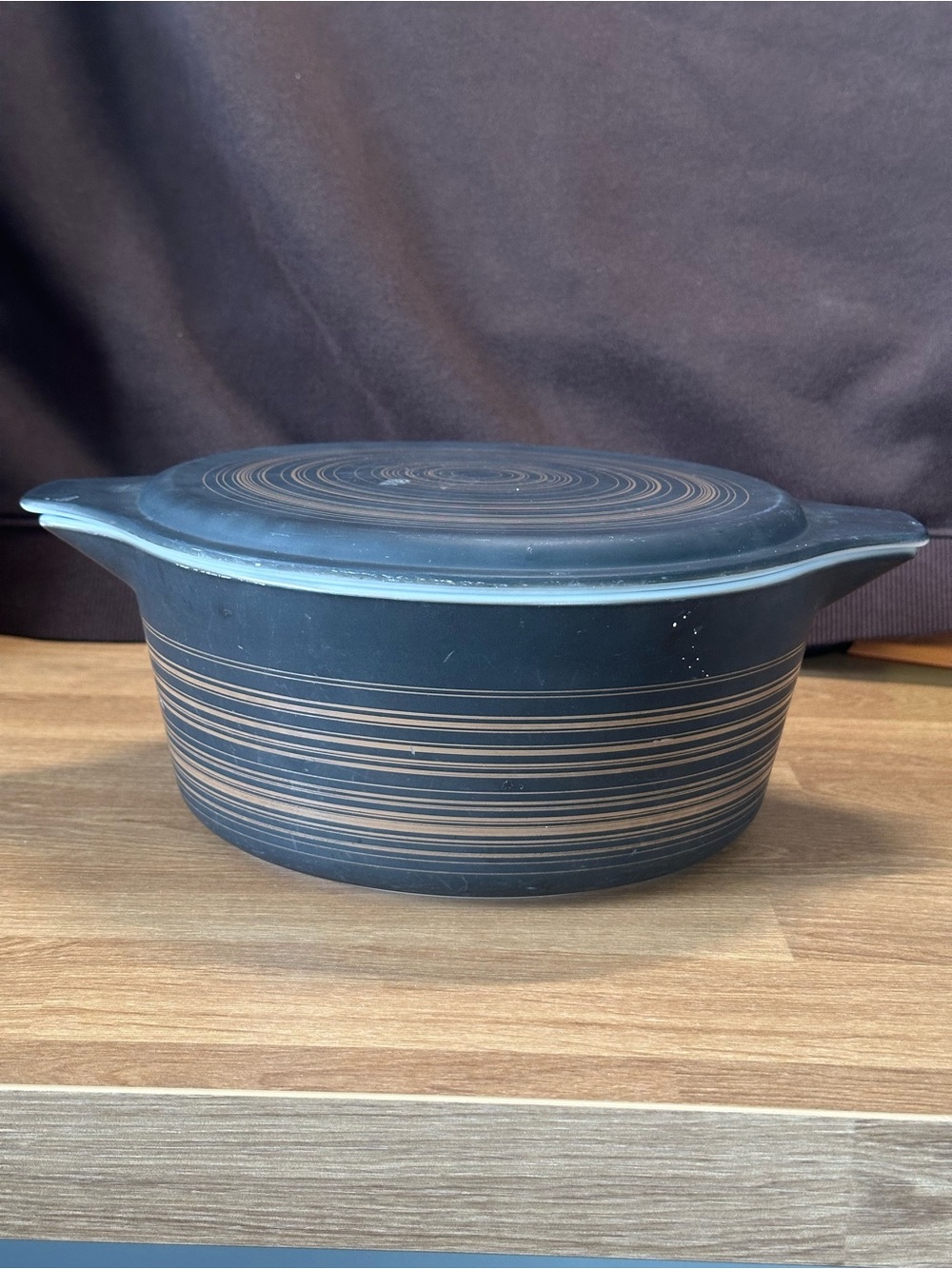 Vintage Pyrex Terra Casserole w/ Lid Brown Gold Concentric Rings MCM 1960s